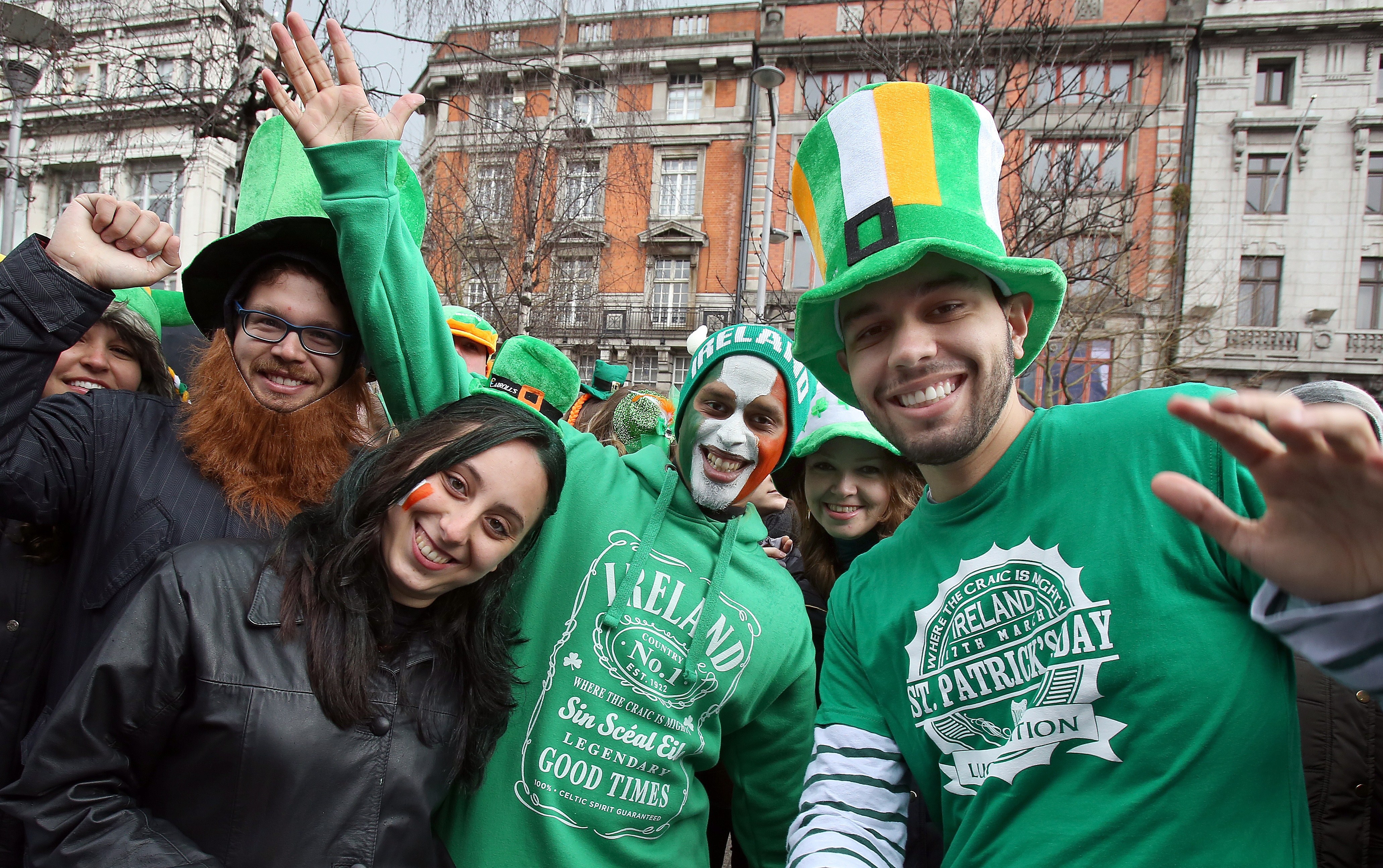 Revellers pose for pictures as they take part in the St Patrick's Day Parade in Dublin, Ireland, on March 17, 2015. (Getty)