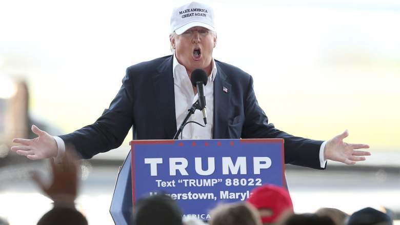 HAGERSTOWN, MD - APRIL 24: Republican presidential candidate Donald Trump speaks while campaigning at the Hagerstown airport April 24, 2016 in Hagerstown, Maryland. Maryland holds their presidential primary on Tuesday, along with Delaware, Pennsylvania, Rhode Island and Connecticut. (Photo by Win McNamee/Getty Images)