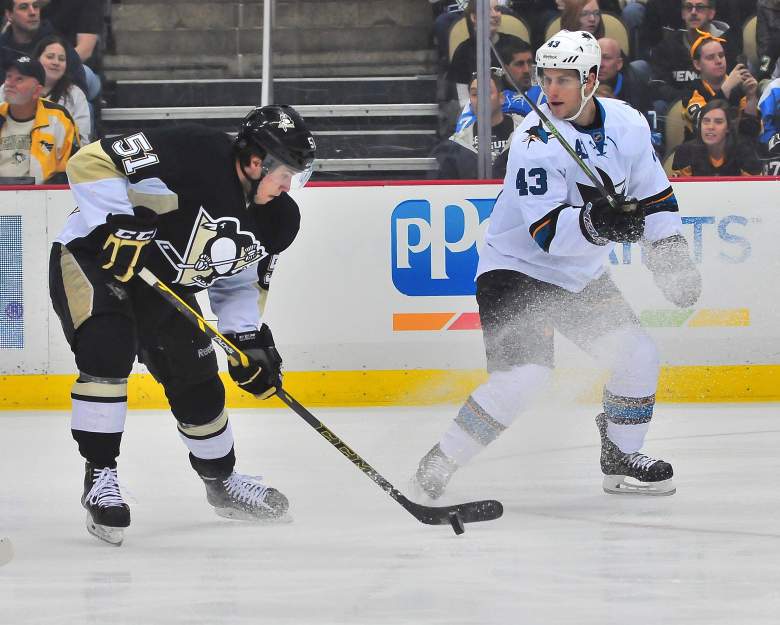 Penguins' Derrick Pouliot skates with the puck in a regular season game against the Sharks . (Getty)