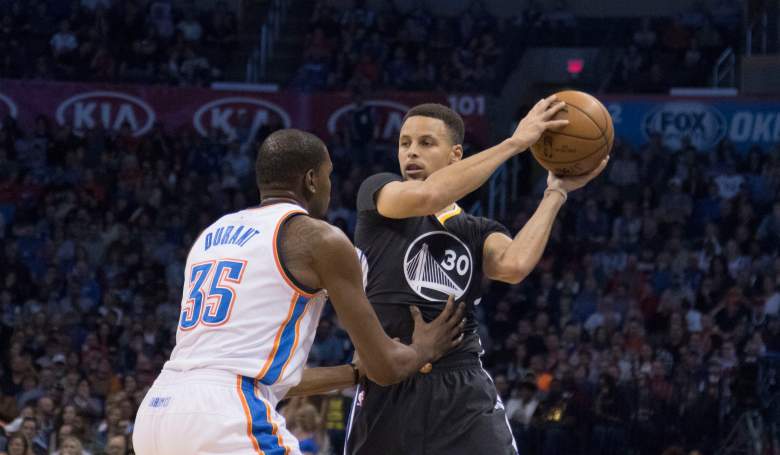 Steph Curry and Kevin Durant square off tonight at The Oracle.  (Getty)