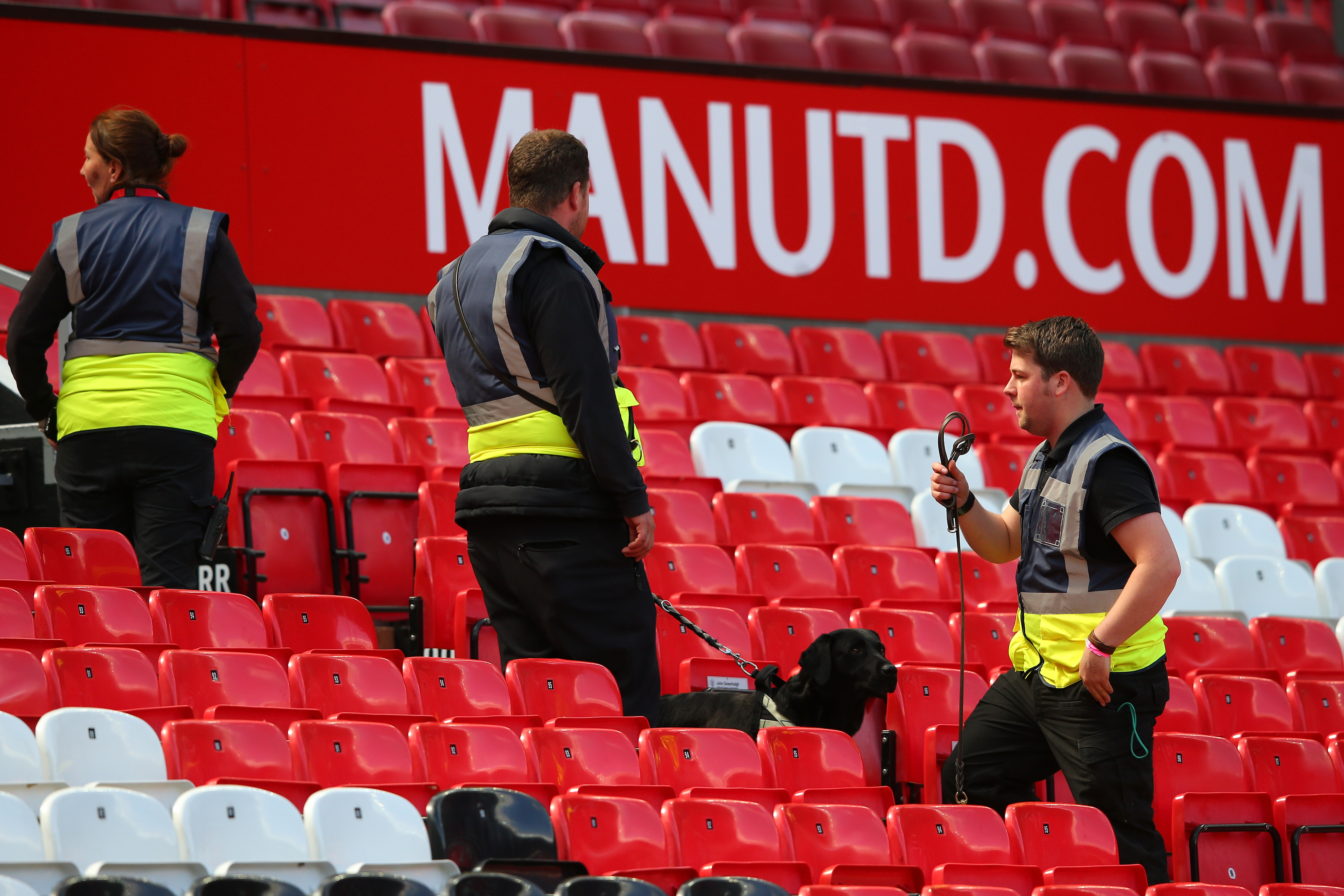 A sniffer dog patrols the stands prior to the match being abandoned with fans evacuated from the ground prior to the Barclays Premier League match between Manchester United and AFC Bournemouth at Old Trafford on May 15, 2016. (Getty)