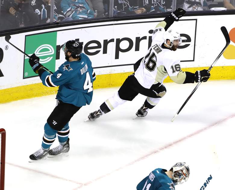 Penguins Eric Fehr celebrates after scoring on the San Jose Sharks in Game Four of the Stanley Cup Final. (Getty)
