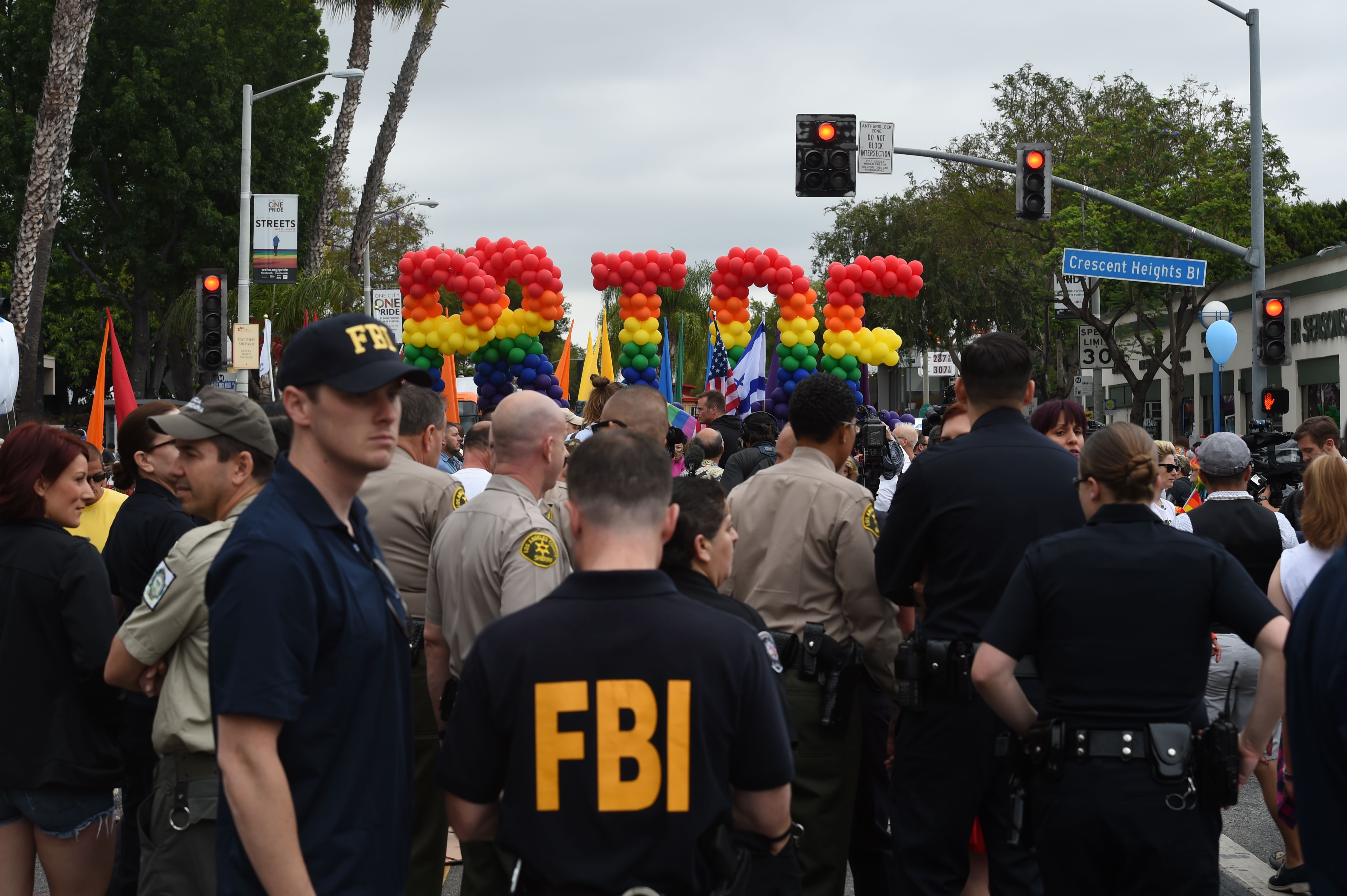 Police and FBI agents stand by to provide security for the 2016 Gay Pride Parade June 12, 20116 in Los Angeles, California. (Getty)