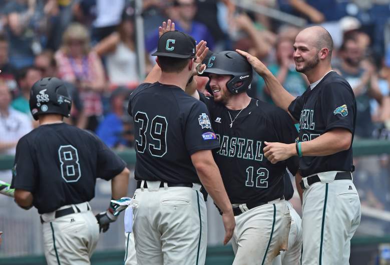 Parrett and his CCU teammates celebrate during the Chanticleer's big sixth inning. (Getty)