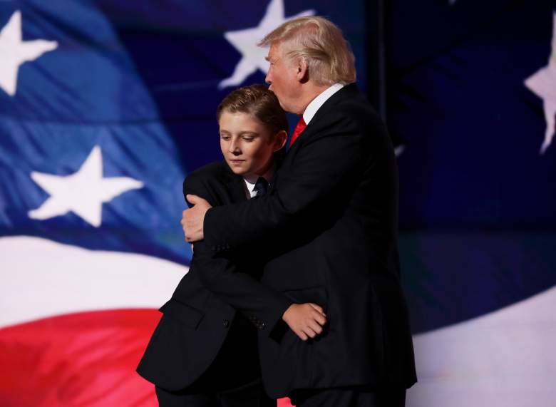 But Barron woke right up when it was time to go on stage. Republican presidential candidate Donald  embraces his son Barron Trump after he delivered his speech on the fourth day of the Republican National Convention on July 21, 2016 at the Quicken Loans Arena in Cleveland, Ohio. (Getty)