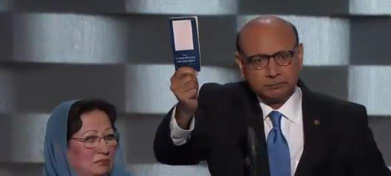 Humayun Khan's father, Khizr Khan, waves a copy of the U.S. Constitution during his speech. (Democratic National Convention screenshot)