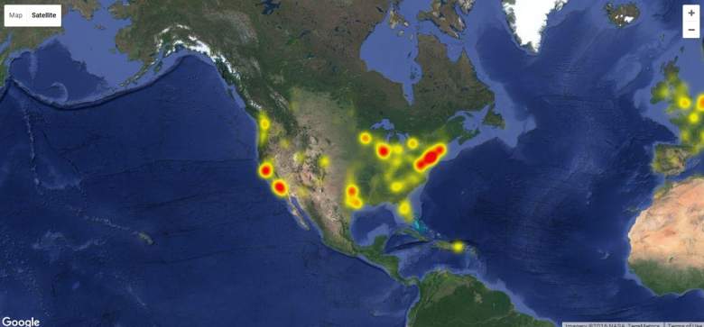The Pokemon Go outage map identifies areas where many players are experiencing server issues. (Down Detector)