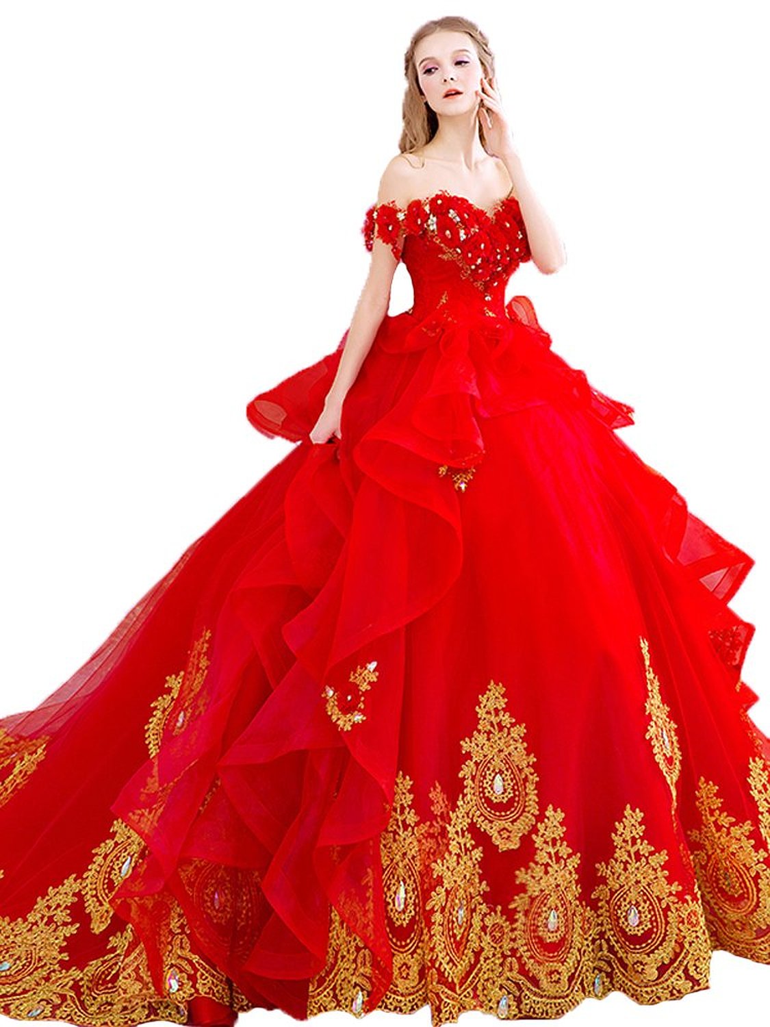 off shoulder red tulle wedding dress