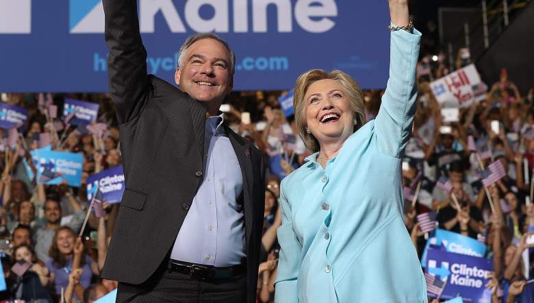 MIAMI, FL - JULY 23: Democratic presidential candidate former Secretary of State Hillary Clinton and Democratic vice presidential candidate U.S. Sen. Tim Kaine (D-VA) greet supporters during a campaign rally at Florida International University Panther Arena on July 23, 2016 in Miami, Florida. Hillary Clinton and Tim Kaine made their first public appearance together a day after the Clinton campaign announced Senator Kaine as the Democratic vice presidential candidate. (Photo by Justin Sullivan/Getty Images)