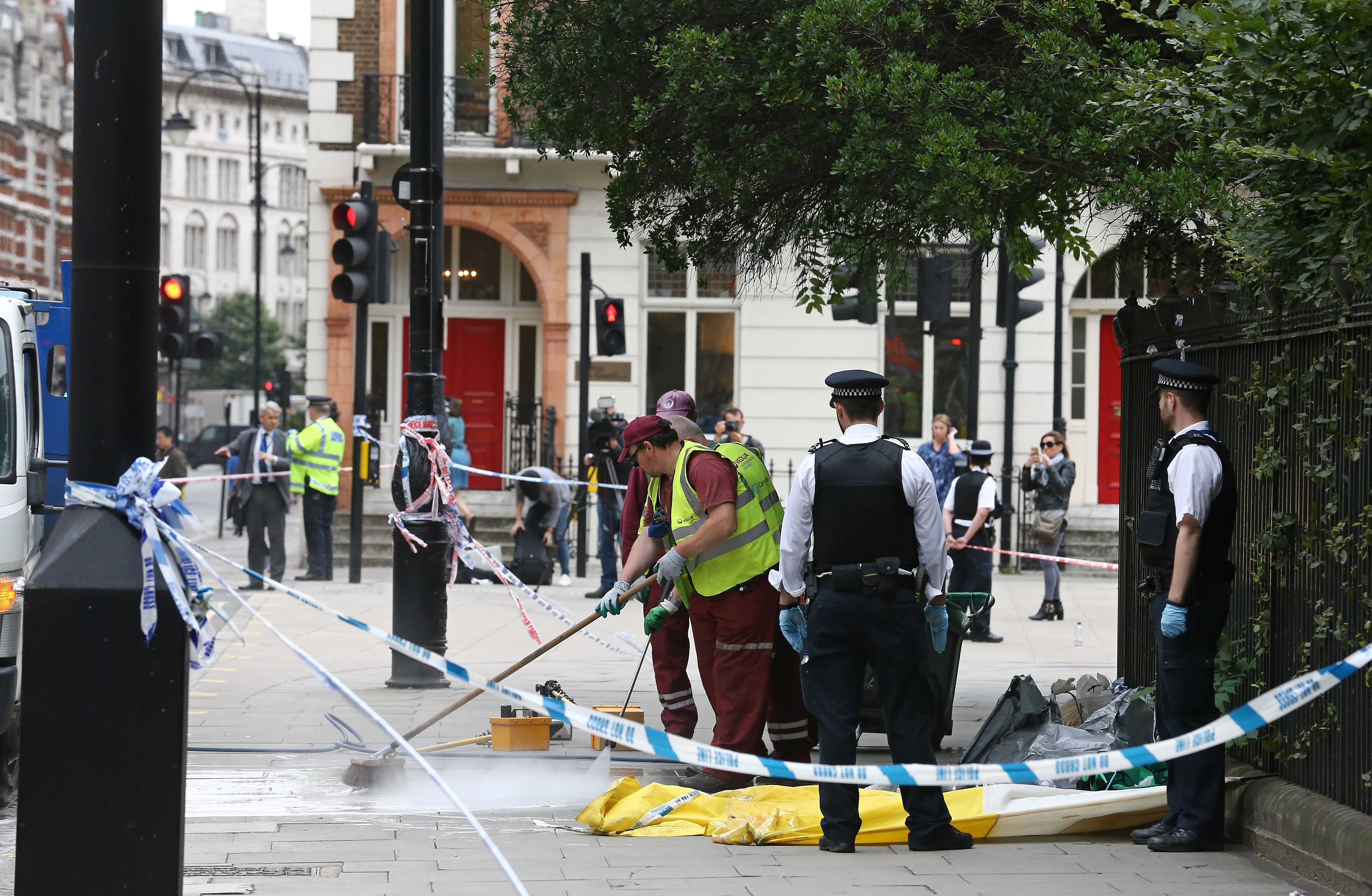 The crime scene is cleaned in London's Russell Square on August 4, 2016. (Getty)