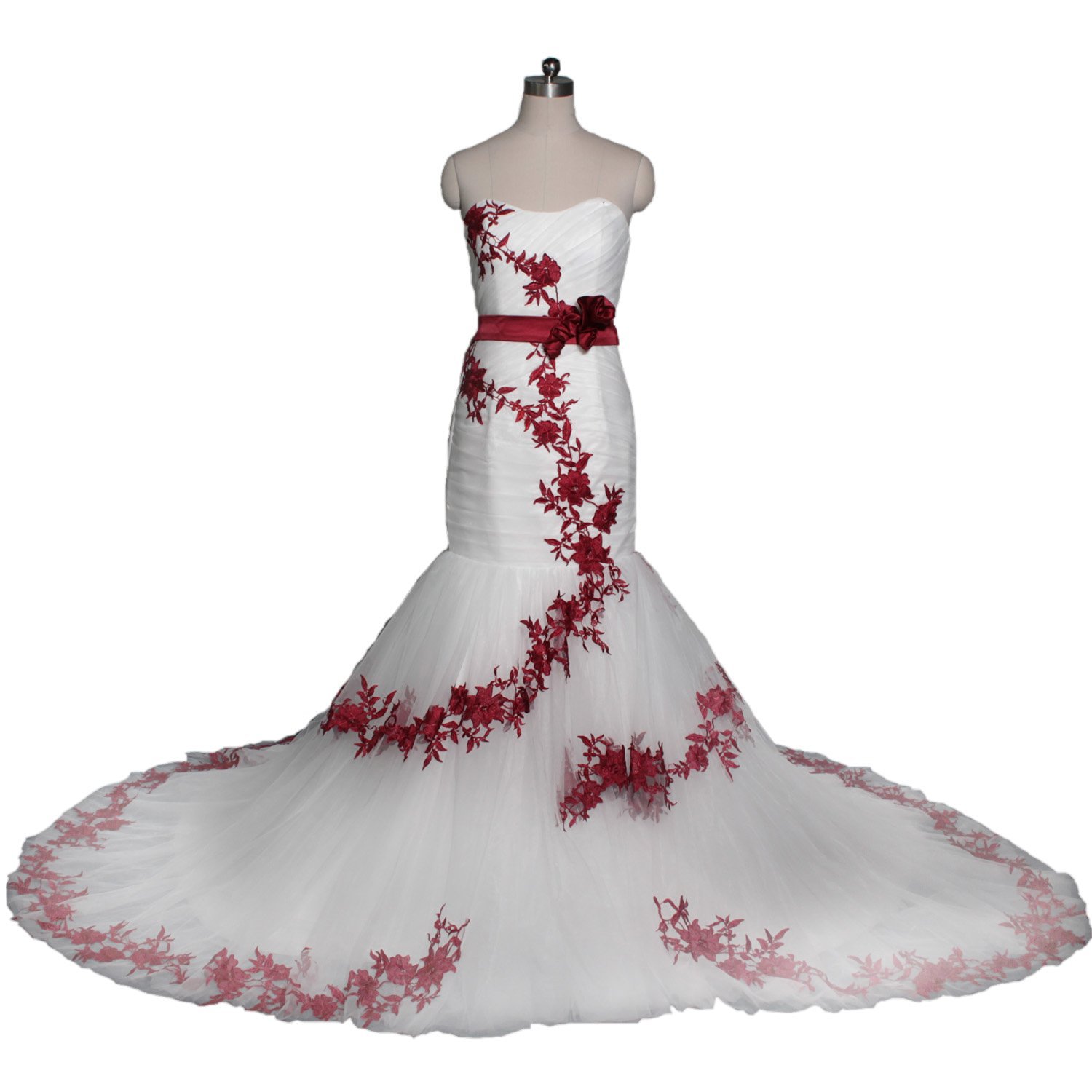 FairOnly White Satin Red Embroidery Strapless Wedding Dress Bridal Gown  (XL, White Red) at Amazon Women's Clothing store