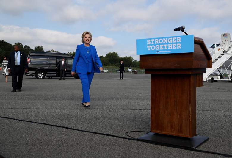WHITE PLAINS, NY - SEPTEMBER 08: Democratic presidential nominee former Secretary of State Hillary Clinton walks to a podium to speak to reporters on the tarmac at Westchester County Airport on September 8, 2016 in White Plains, New York. Hillary Clinton spoke to reporters and took questions before leaving New York to campaign in North Carolina and Missouri. (Photo by Justin Sullivan/Getty Images)
