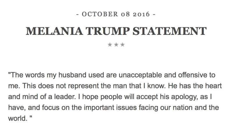 Melania Trump statement, Melania Trump Donald Trump 2005 tape