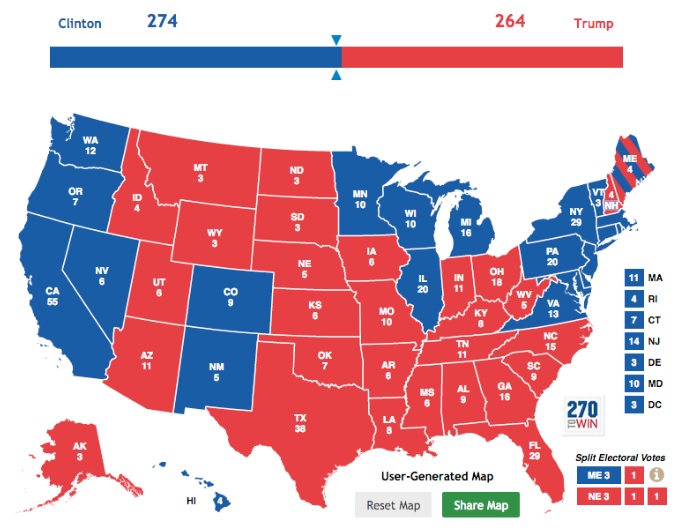 This map, which Heavy created using the RealClearPolitics customizing website for the electoral college, shows how Trump needs to pick up more states even if he does well in states that are virtually tied.