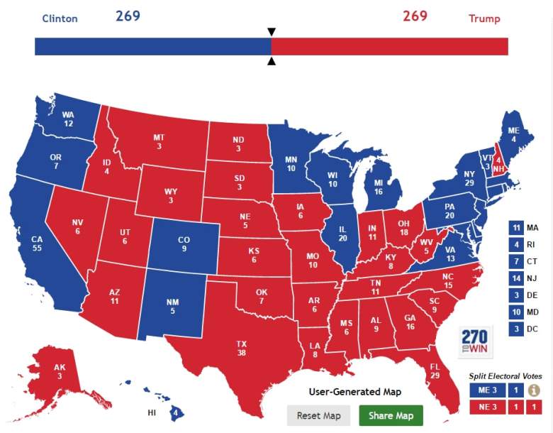 2016 election tie, 2016 electoral college tie, electoral college tie map
