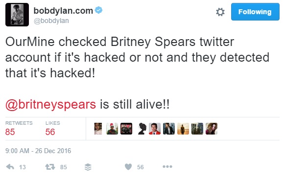 Bob Dylan Britney Spears, Bob Dylan Twitter hack, Britney Spears dead