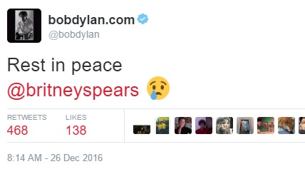 Bob Dylan Britney Spears, Bob Dylan Twitter hack, Britney Spears dead
