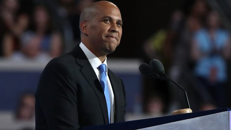 PHILADELPHIA, PA - JULY 25: Sen. Cory Booker (D-NJ) delivers remarks on the first day of the Democratic National Convention at the Wells Fargo Center, July 25, 2016 in Philadelphia, Pennsylvania. An estimated 50,000 people are expected in Philadelphia, including hundreds of protesters and members of the media. The four-day Democratic National Convention kicked off July 25. (Photo by Jessica Kourkounis/Getty Images)