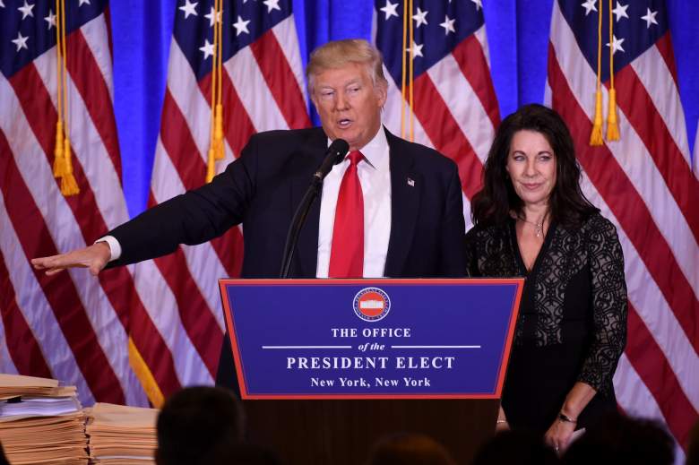 Donald Trump gives a press conference with his attorney, Sheri Dillon. (Getty)