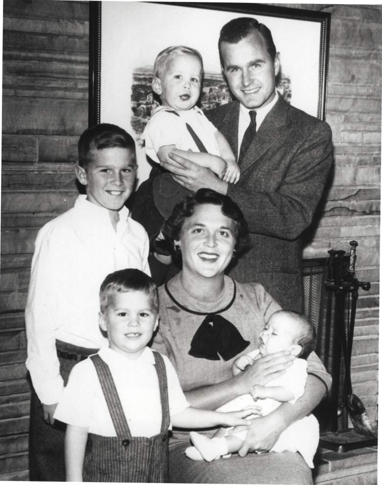 Barbara Bush and George Bush pose with children Neil Bush, George W. Bush, Jeb Bush and Marvin Bush in 1956, just three years after Robin died. 