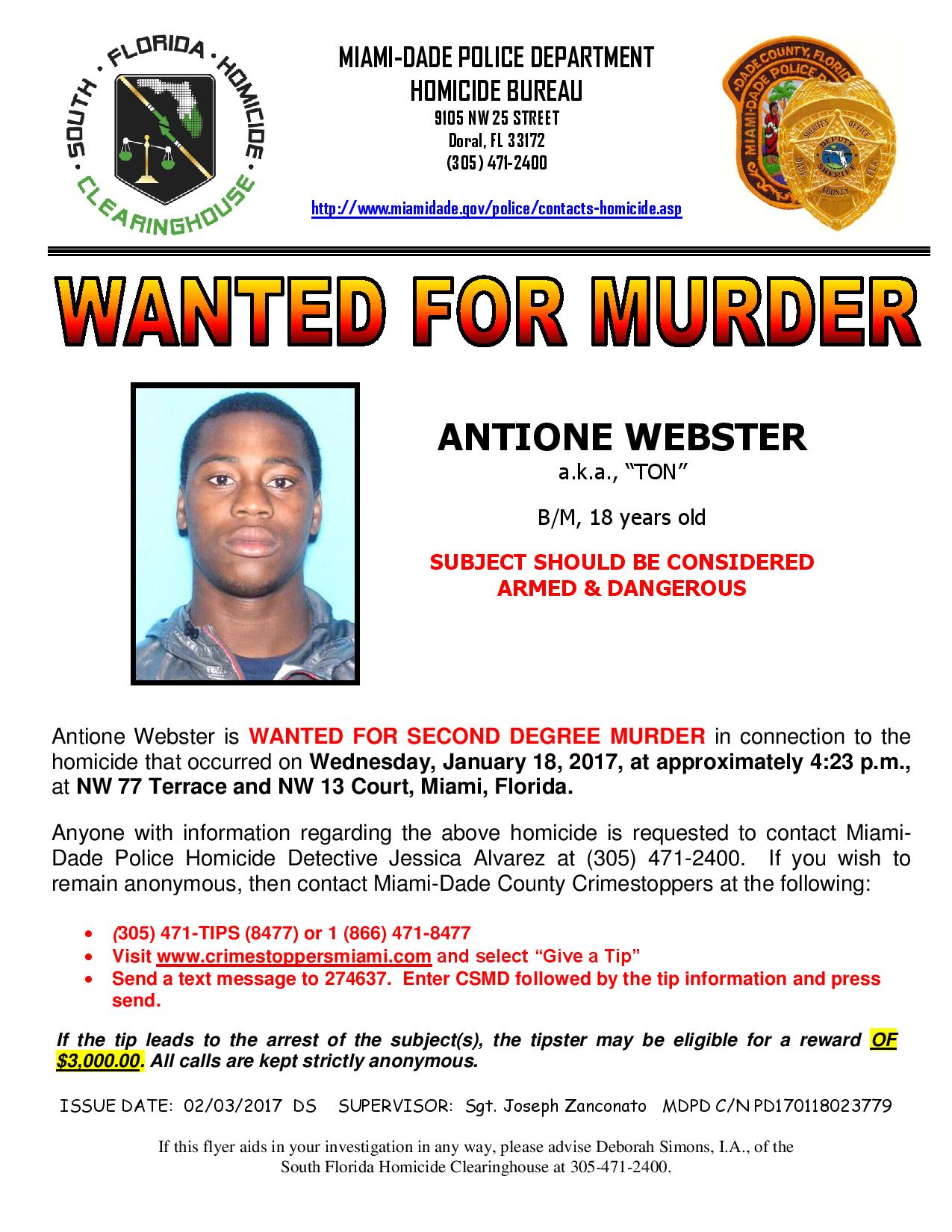 antione webster, antione webstr wanted murder