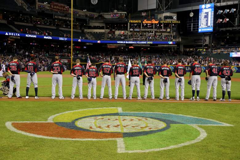 Team USA stands on the baseline for the national anthem prior to a World Baseball Classic First Round game against Italy on March 9, 2013. (Getty)