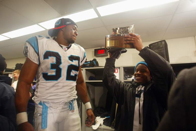 Kick returner Rod Smart of the Carolina Panthers celebrates with a teammate after winning the NFC Championship over the Philadelphia Eagles on January 18, 2004. (Gettys)