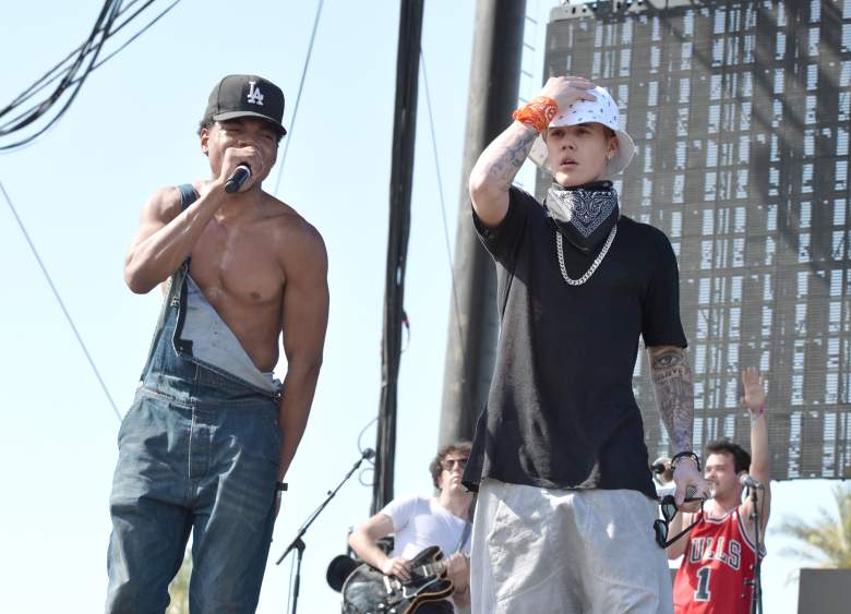 INDIO, CA - APRIL 13: Singer Justin Bieber (R) performs with Chance The Rapper onstage during day 3 of the 2014 Coachella Valley Music & Arts Festival at the Empire Polo Club on April 13, 2014 in Indio, California. (Photo by Kevin Winter/Getty Images for Coachella)