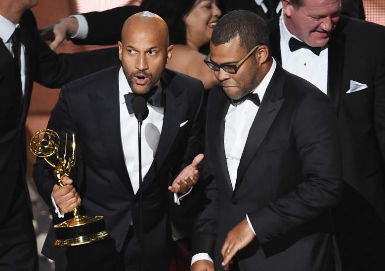Actor/writers Keegan-Michael Key, left, and Jordan Peele accept an award at the 68th Annual Primetime Emmy Awards. (Getty)