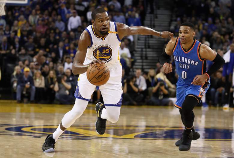 Kevin Durant of the Golden State Warriors dribbles past Russell Westbrook of the Oklahoma City Thunder in a game January 18. (Getty)