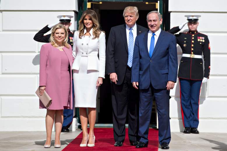 WASHINGTON, D.C. - FEBRUARY 15:  (AFP-OUT) Israeli Prime Minister Benjamin Netanyahu and U.S. President Donald Trump stand with their wives first lady Melania Trump and Sara Netanyahu as they arrive at the South Portico of the White House on February 15, 2017 in Washington, D.C. Netanyahu is trying to recalibrate ties with the new U.S. administration after eight years of high-profile clashes with former President Barack Obama, in part over Israel's policies toward the Palestinians. (Photo by Andrew Harrer-Pool/Getty Images)