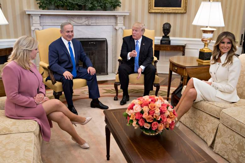 WASHINGTON, D.C. - FEBRUARY 15:  (AFP OUT) U.S. President Donald Trump, Israel Prime Minister Benjamin Netanyahu, his wife Sara Netanyahu (L) and U.S. first lady Melania Trump sit in the Oval Office of the White House on February 15, 2017 in Washington, D.C. Netanyahu is trying to recalibrate ties with the new U.S. administration after eight years of high-profile clashes with former President Barack Obama, in part over Israel's policies toward the Palestinians. (Photo by Andrew Harrer-Pool/Getty Images)