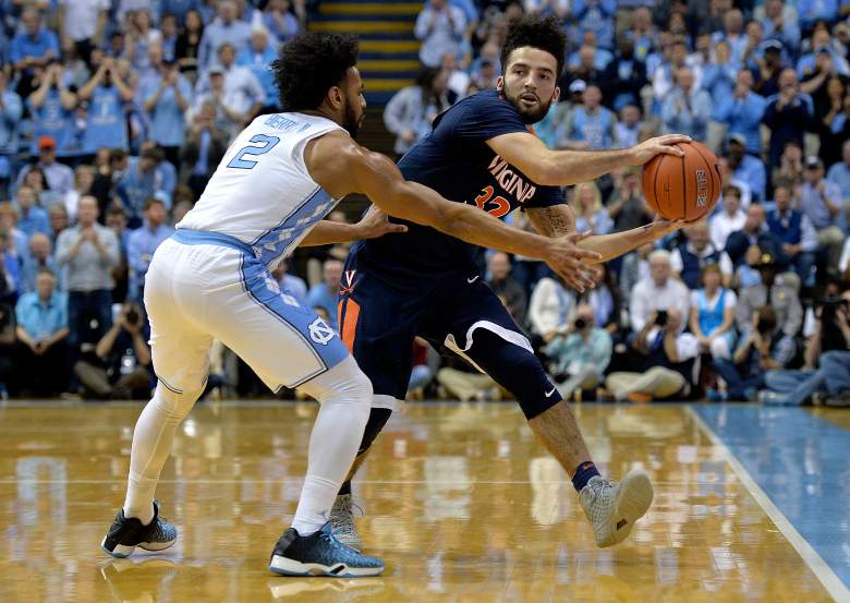 Joel Berry of the North Carolina Tar Heels defends London Perrantes of the Virginia Cavaliers during a game February 18 in Chapel Hill, North Carolina.  (Getty)