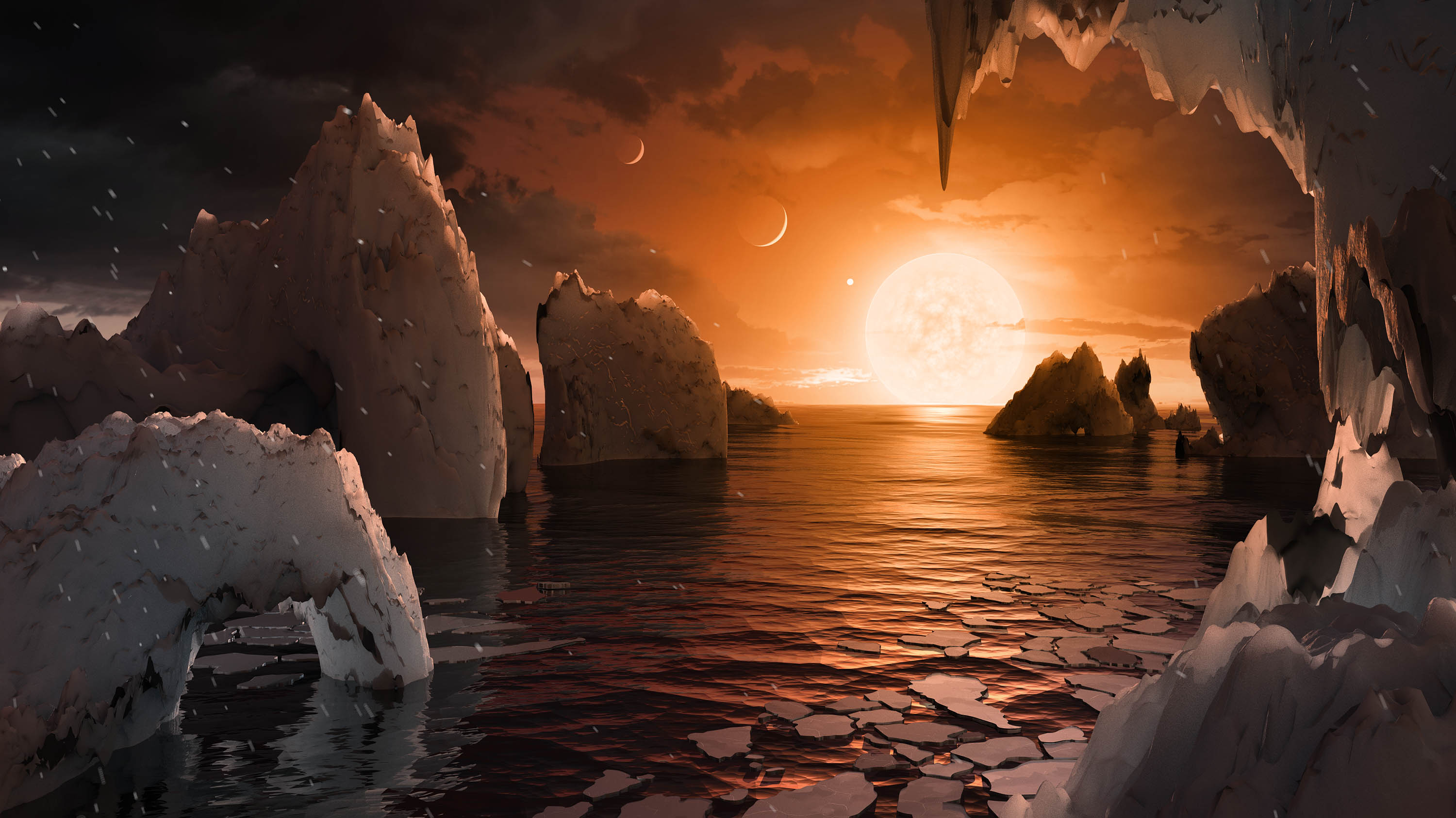 This artist's concept allows us to imagine what it would be like to stand on the surface of the exoplanet TRAPPIST-1f, located in the TRAPPIST-1 system in the constellation Aquarius. (NASA/JPL-Caltech)
