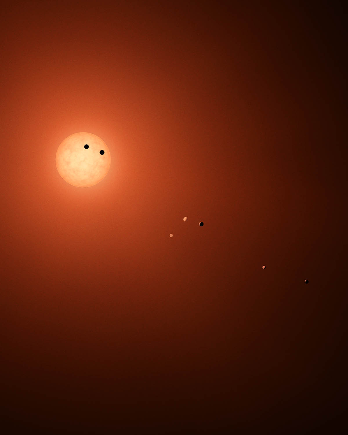 This illustration shows the seven TRAPPIST-1 planets as they might look as viewed from Earth using a fictional, incredibly powerful telescope. (NASA/JPL-Caltech)