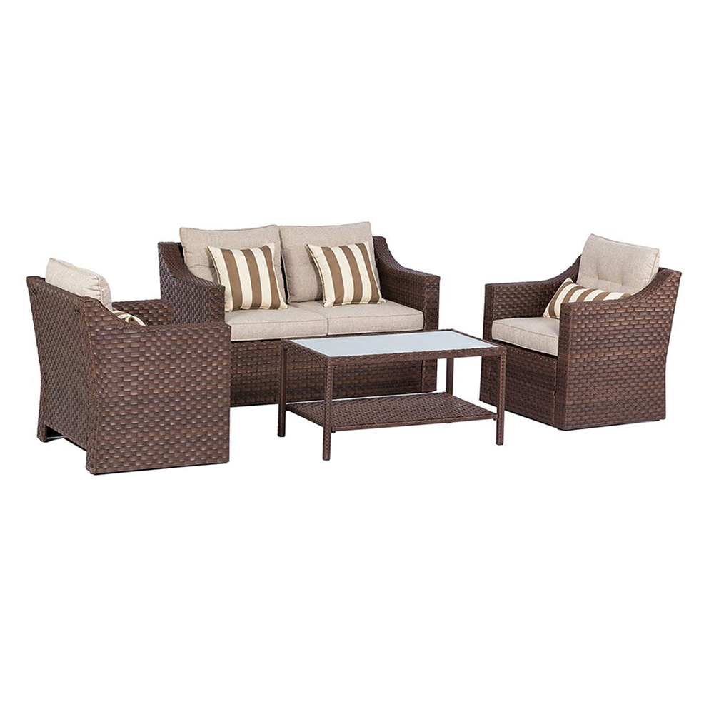 Navy Blue SOLAURA Outdoor 3-Piece Furniture Brown Wicker Bistro Set Conversation Chairs & Glass-top Coffee Table Set
