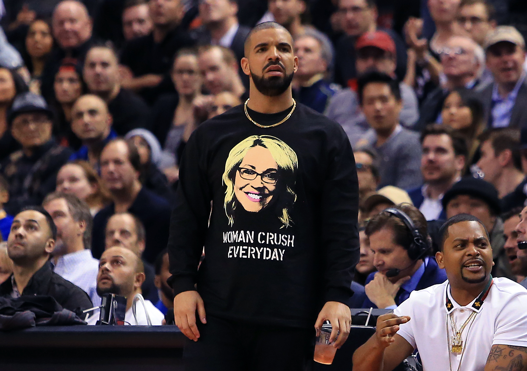 Drake at an NBA game between the Golden State Warriors and the Toronto Raptors at Air Canada Centre on November 16, 2016. (Photo by Vaughn Ridley/Getty)
