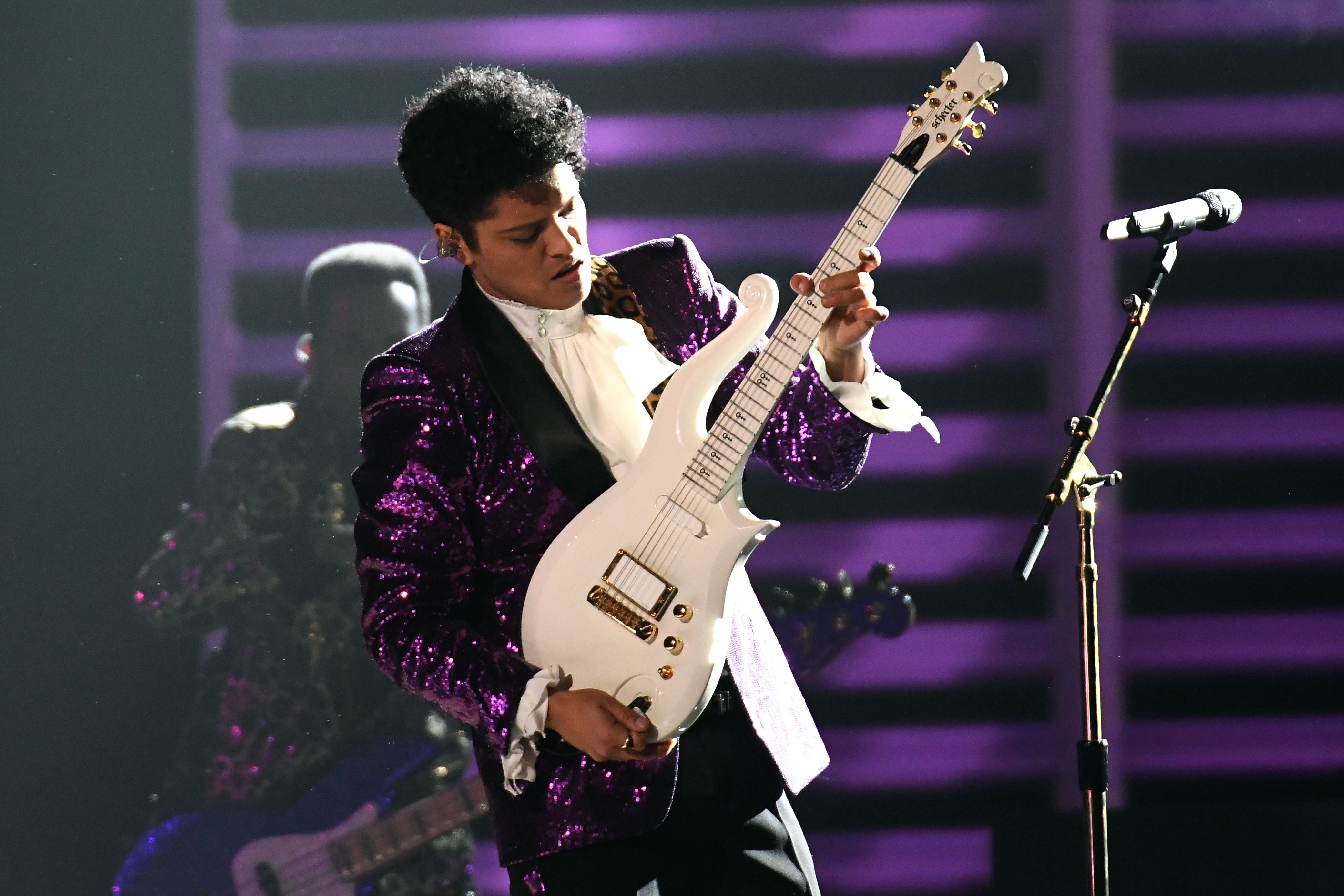 Bruno Mars performs a tribute to Prince during The GRAMMY Awards on February 12, 2017. (Photo by Kevork Djansezian/Getty)