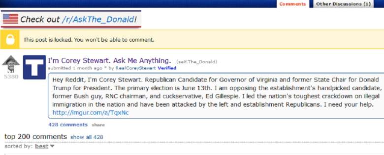 Corey Stewart, reddit, AMA, Confederate, monuments, racist