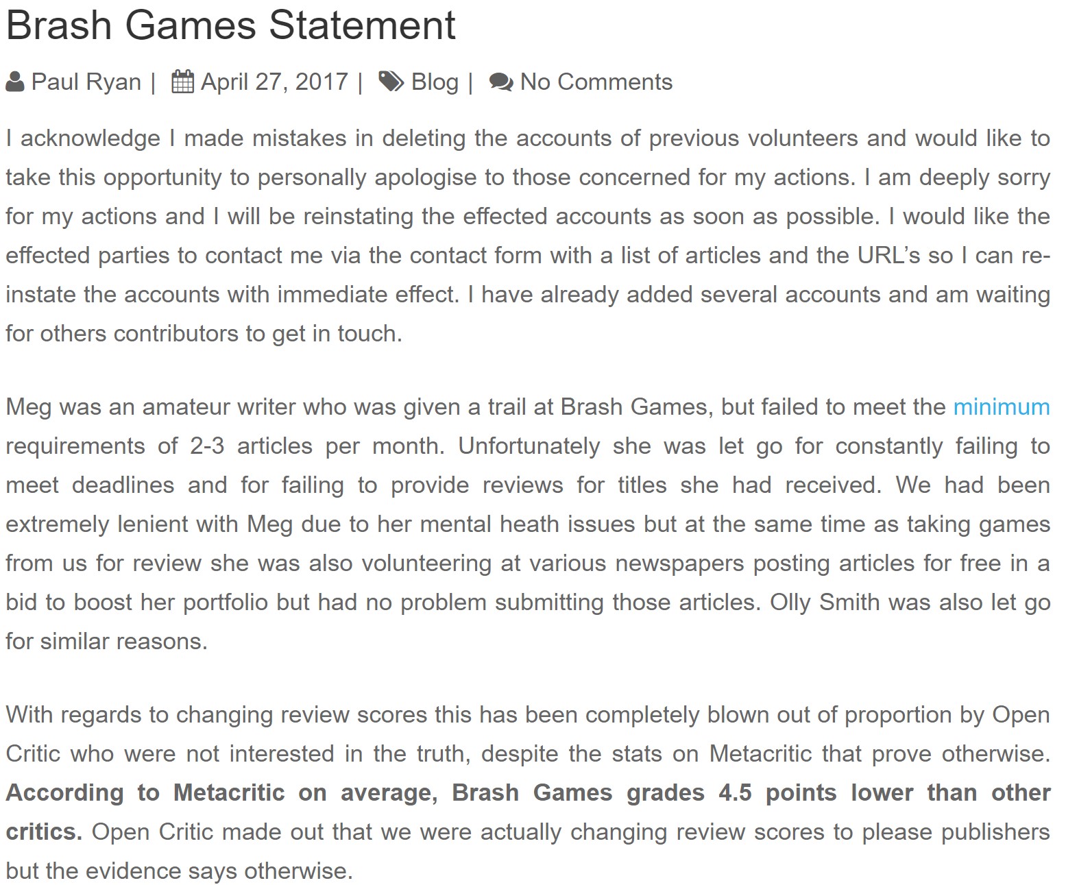 Brash Games Statement, Brash Games