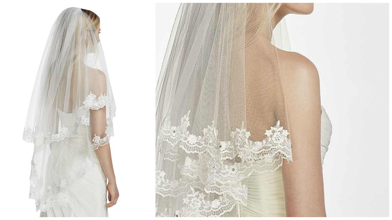 Deceny CB Wedding Lace White Bridal Detailed Wedding Veil Rhinestones 1 Tier 