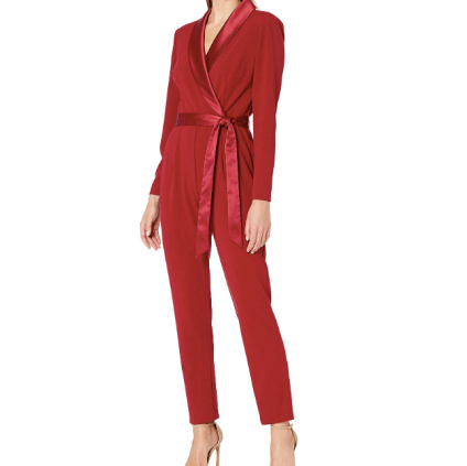 Adrianna Papell Women's Long Sleeve Crepe Jumpsuit with Tuxedo Collar