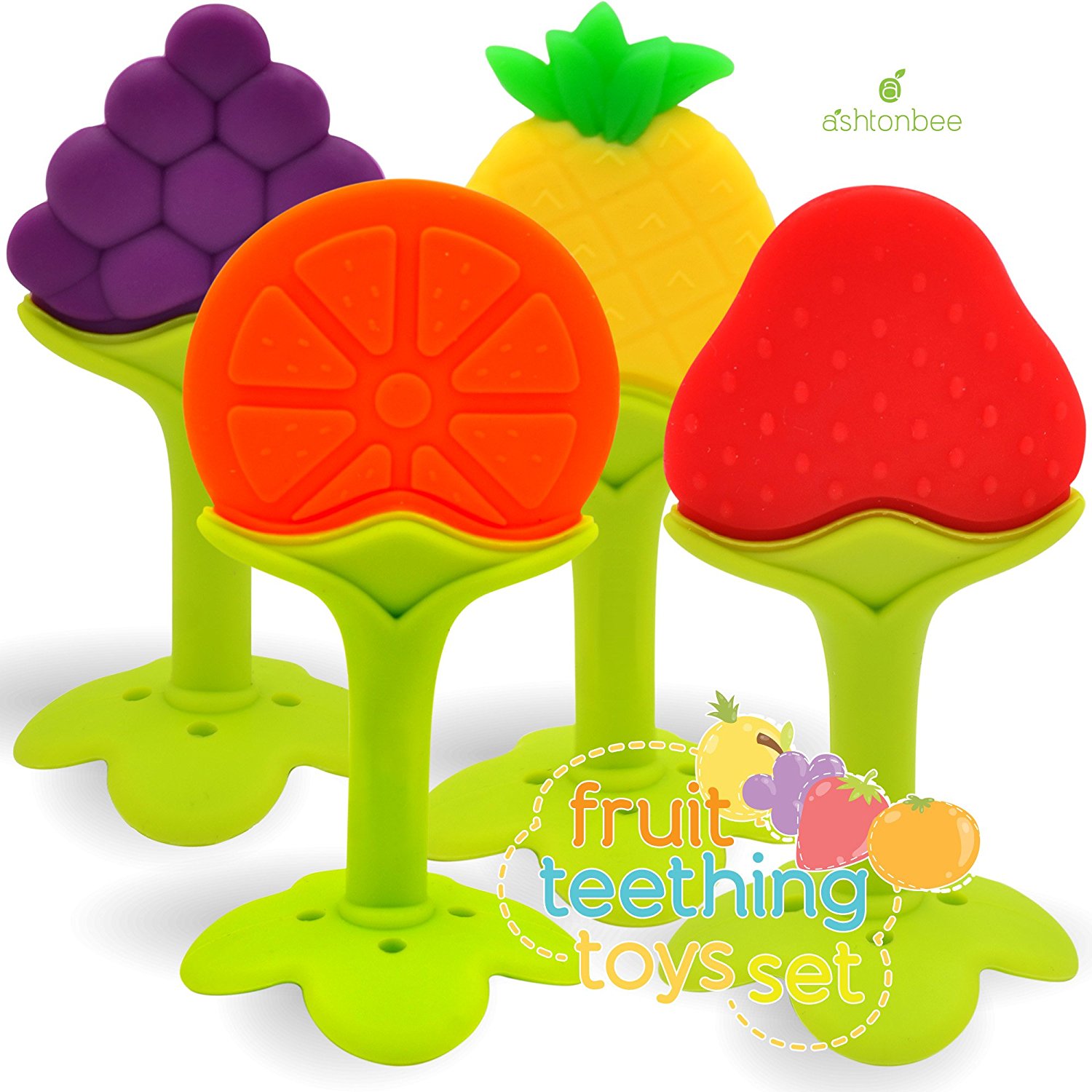 silicone fruit teething set, ashtonbee fruit teethers, baby teething toys
