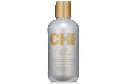 Silver-white bottle of CHI Silk Infusion hair serum