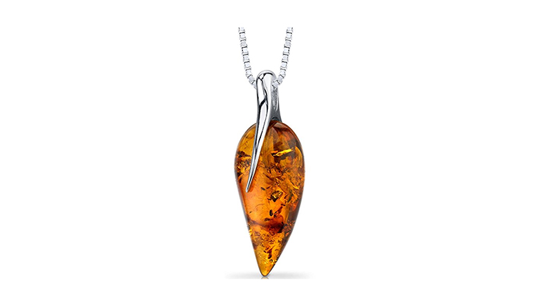 Sterling Silver Pendant Large Cognac Amber Tear-Drop With Yellow Gold-Plated Ornate Setting To The Back/Side And Ornate Bale