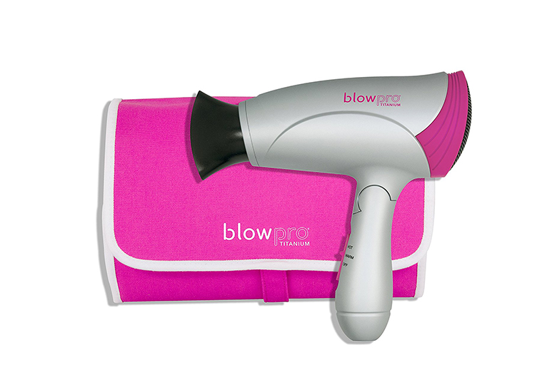 Silver and pink mini hair dryer with bright pink travel bag