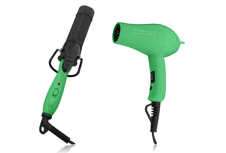 Image of bright green hair dryer and curling iron travel set