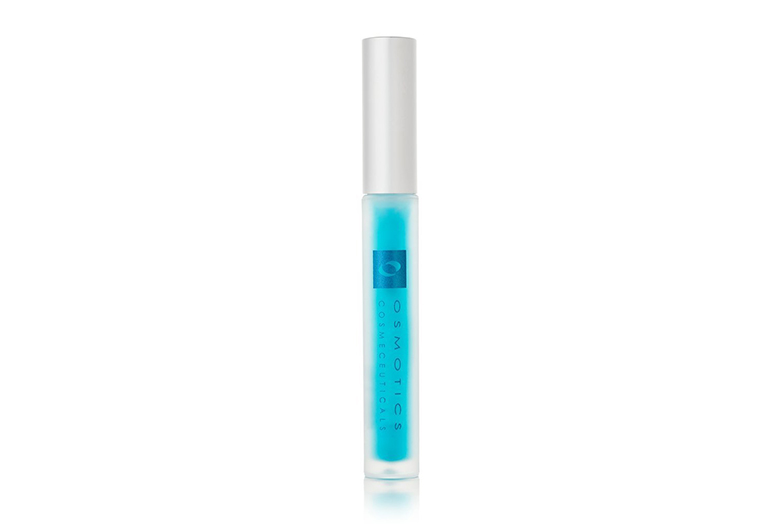 Image of bright aqua osmotics lip gloss in skinny tube with silver cap