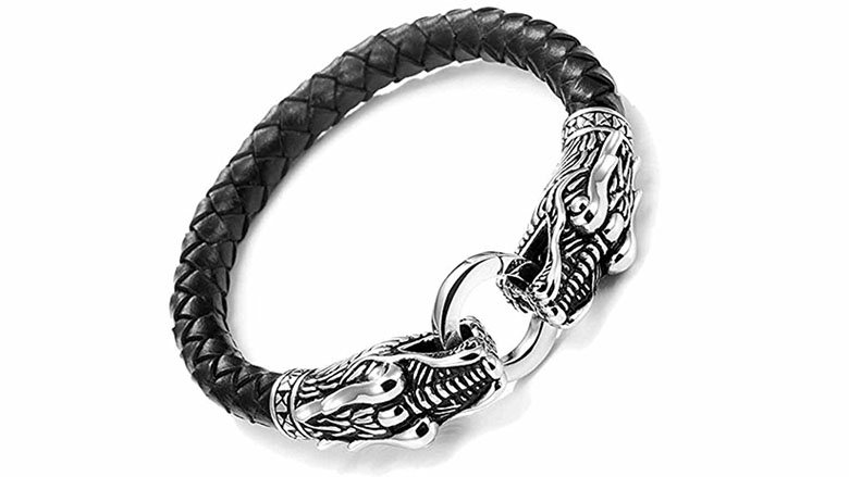 urban jewelry mens leather bracelet with locking stainless steel dragon head