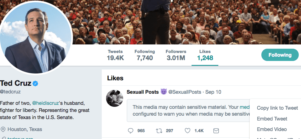 Ted Cruz’s Twitter Account Shows Pornographic Content